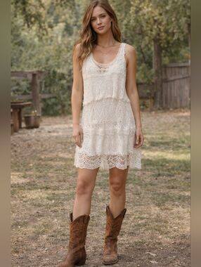Boho White Crochet Dress | Cottagecore | Coastal | Lined | Lightweight | Large